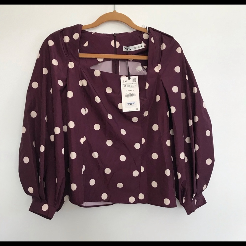 Zara Polka Dot Square neck Blouse Ballon Sleeves Medium